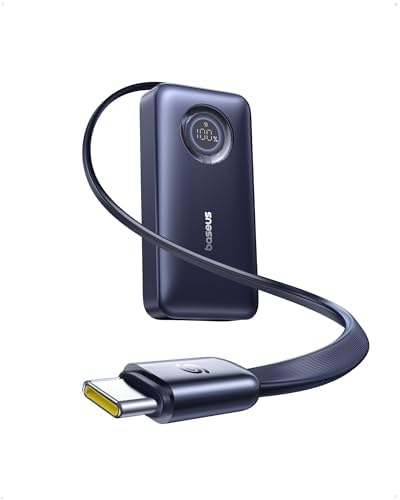 Baseus Enercore 20000 m Ah Power Bank with 67 W Fast Charging – Compact Portable Charger Featuring Built-in Retractable USB-C Cable for Laptops, i Phone 16/15, Samsung, Mac Book, and Drones – Essential Travel Companion for Uninterrupted Power