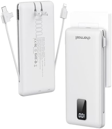 Charmast 10,000 m Ah Portable Charger with Integrated Cables & Plug – Ultra-Slim Fast Charging Power Bank (15 W) for i Phone 16/15/14/13, Samsung Galaxy, i Pad – Essential Travel Companion for Seamless Device Compatibility and On-the-Go Power