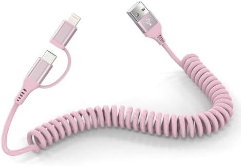 Universal USB A to USB C & Lightning Dual Charging Cable – MFi Certified 3 A Fast Charge for i Phone 16/15/14/13/12 & Android Devices – Tangle-Free Coiled Design for Seamless Apple Car Play & Android Auto Compatibility – Efficient Data Syncing & Enhanced Durability