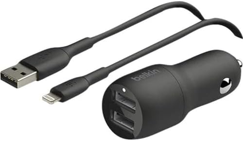 Belkin 24 W Dual USB Car Charger with Lightning Cable – High-Speed Charging Solution for i Phone, Samsung Galaxy, Air Pods & More – Compact and Durable Dual USB-A Power Adapter for Effortless On-the-Go Connectivity – Ultimate Versatility for Multiple Devices