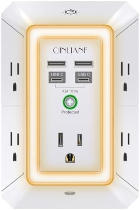QINLIANF 5-Outlet USB Wall Charger with Surge Protection – 4 USB Ports (4.8 A Total) Power Strip Extender, 3-Sided Design for Easy Access, 1680 J Surge Defense, Compact Multi-Plug Adapter for Home, Travel, and Office Use – Elevate Your Charging Experience with Versatile Compatibility and Safety