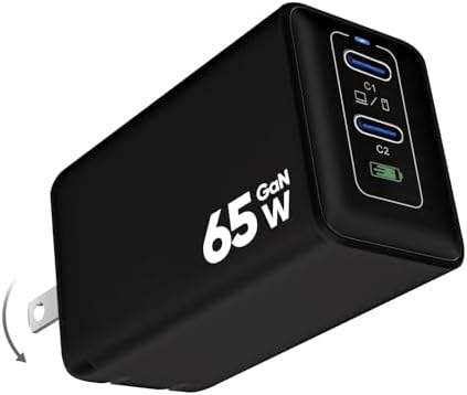 65 W Ga N USB C Wall Charger – Dual Port Fast Charging Station for Mac Book Pro/Air, i Phone 8-16, i Pad Pro/Air, Apple Watch, Galaxy S20-24 – Compact and Foldable Travel Charger in Sleek Black – Optimal Efficiency and Enhanced Device Longevity