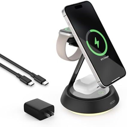 SODI 3-in-1 Magnetic Wireless Charging Station with Ambient Light – 15 W Fast Charger for i Phone 16, 15, 14, 13, 12 Pro/Max, Air Pods & Apple Watch – Sleek Design for Effortless Device Organization and Enhanced Charging Efficiency