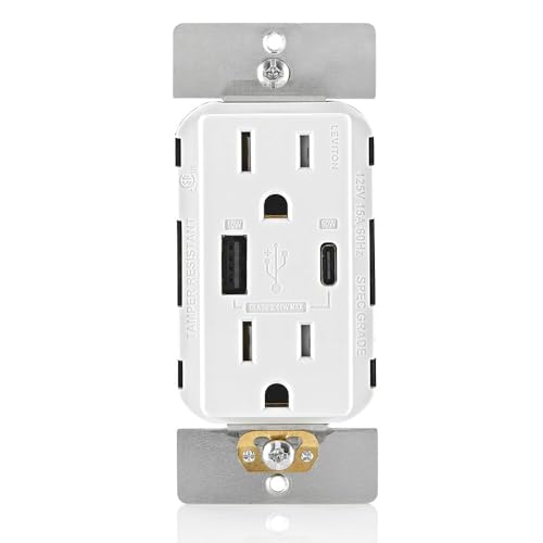 Leviton 60 W Dual USB Type A/Type-C In-Wall Charger – Fast, Efficient Power Delivery Solution for Smartphones, Tablets & Laptops – Tamper-Resistant Outlet in Light Almond for Safe, Clutter-Free Charging Experience – Perfect for Home and Office Use