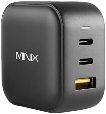 MINIX 66 W Turbo Ga N Wall Charger – Ultra-Compact 3-Port USB-C & USB-A Fast Charging Adapter for Laptops, Smartphones, and Tablets with Power Delivery & Quick Charge 3.0 – Advanced Compatibility & Multi-Protection Design