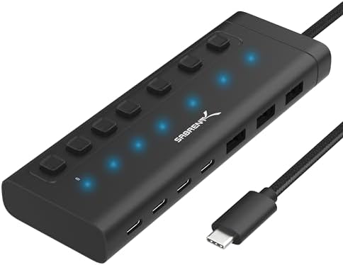 SABRENT 7-Port USB-C Hub: Maximize Efficiency with 3 USB-A & 4 USB-C Ports, 5 Gbps USB 3.2 Speed, 20 W PD Charging, Smart Power Control & LED Indicators – Ideal for Mac, PC, Steam Deck, ROG Ally – Stylish Aluminum Build for Durability & Performance