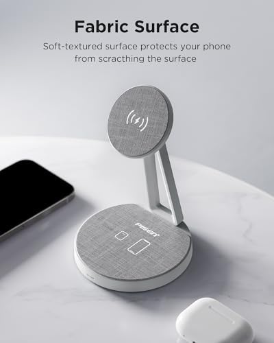 PISEN 2-in-1 Magnetic Wireless Charger Stand – Fast Charging Station for i Phone 12-16, Samsung & Air Pods – Sleek Fiber Surface, Dual Device Compatibility, Effortless Magnetic Alignment, Ideal for Home and Office Use