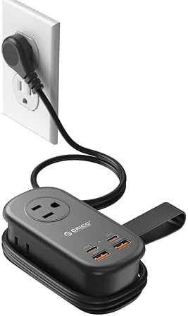 ORICO 65 W Ga N Travel Power Strip: 7-in-1 Charging Solution with 3 AC Outlets, 2 USB-A, 2 USB-C Ports, Flat Plug Design & 4 FT Extension Cord – Ultimate Fast Charger for Mac Book Pro/Air, i Pad Pro, i Phone 15/14/13 – Lightweight & Portable for Effortless Travel