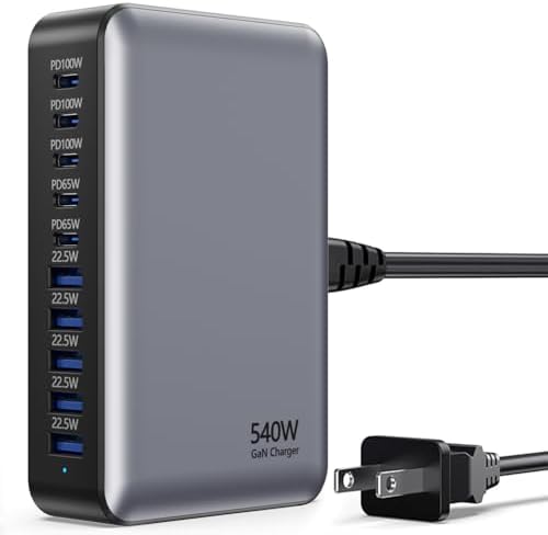 Powerful 10-Port USB C Fast Charger Block – 540 W Ga N Charging Station for Laptop & Multi-Device Compatibility – PD 100 W Output for Rapid Charging of Mac Book, i Pad, i Phone, Samsung Galaxy & Dell – Compact and Efficient Charging Hub for Home and Office Use