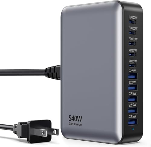 Powerful 10-Port USB C Fast Charger Block – 540 W Ga N Charging Station for Laptop & Multi-Device Compatibility – PD 100 W Output for Rapid Charging of Mac Book, i Pad, i Phone, Samsung Galaxy & Dell – Compact and Efficient Charging Hub for Home and Office Use