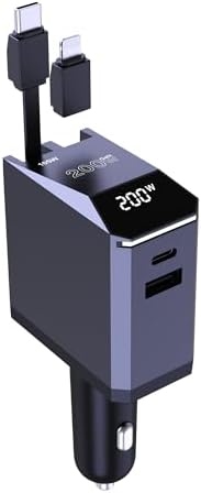 Aftertop 200 W Retractable USB-C Car Charger: 3-in-1 Fast Charging Solution with 2.3 ft Cable & Power Display for Mac Book Pro, i Phone 16/15, Galaxy S25/S24 Ultra – Ultimate Portability & Speed for All Your Devices