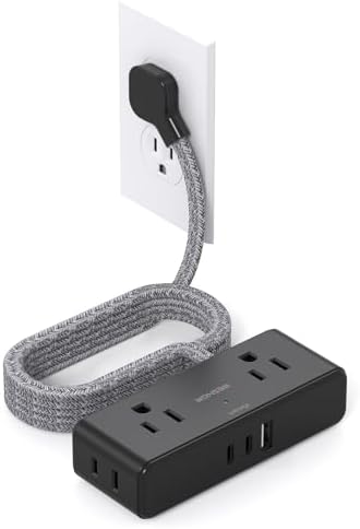 BESHON 10 ft Flat Plug Extension Cord with 4 Wide Outlets & 3 USB Ports (2 USB-C) – Versatile Power Strip for Home, Office & Dorm – Space-Saving Design with Surge Protection & Fast Charging Capabilities