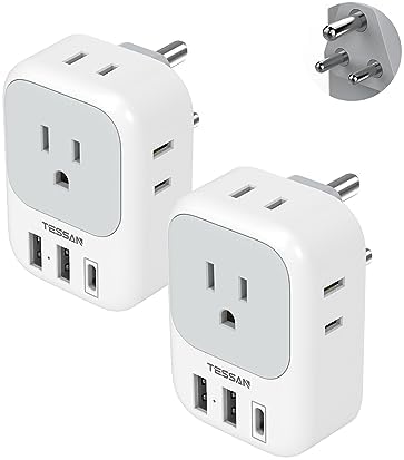 TESSAN Dual Pack European Travel Adapter with 4 AC Outlets and 3 High-Speed USB Ports – Ultimate International Power Converter for Seamless Device Charging in Italy, Spain, France, Portugal, Germany, and Iceland – Essential Travel Accessory for Modern Explorers