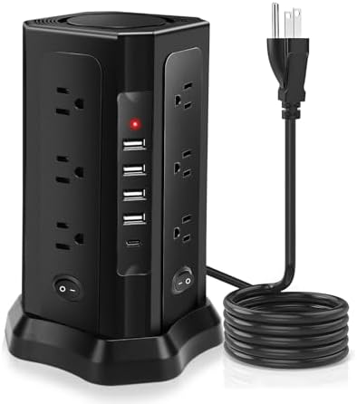 Revolutionize Your Charging Setup with the 16.5 FT Power Strip Tower – 12 AC Outlets & 5 USB Ports (1 USB-C) Surge Protector for Home, Kitchen, Dorm, & Office – Space-Saving Design with Enhanced Overload Protection for Maximum Device Compatibility and Rapid Charging Efficiency