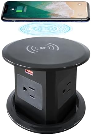 ZESHAN Sleek Pop-Up Power Outlet with 15 W Wireless Charging Station – Dual US Outlets, USB A & USB C PD Fast Charging Ports for Effortless Connectivity at Home or Office – Ideal for Conference Tables and Kitchen Counters, Modern Black Finish