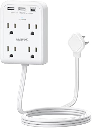 Maximize Power Efficiency with 6 ft Flat Electrical Outlet Extender – 4 Outlets & 3 USB-C Ports, Space-Saving Surge Protector for Home & Office, Rapid Device Charging Power Hub, Sleek White Design