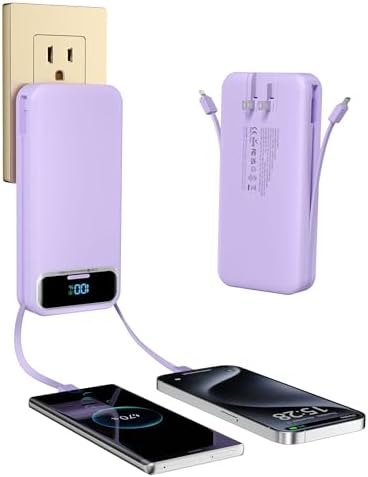 Ultra-Compact 12000 m Ah Power Bank with Built-in Charging Cables & AC Plug – 20 W PD Fast Charging for i Phone, Samsung, Android, USB-C Devices – Travel-Friendly External Battery Pack in Purple – Unmatched Portability and Efficiency for On-the-Go Charging Solutions