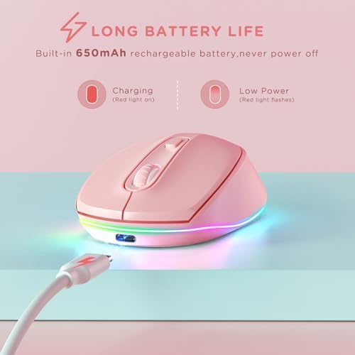 seenda Rechargeable Wireless Mouse with LED Rainbow Lights – Ergonomic, Quiet Click Design for Laptops, PCs, and Chromebooks – Perfect for Kids and Professionals Alike – Portable Purple Accessory for Enhanced Productivity and Style