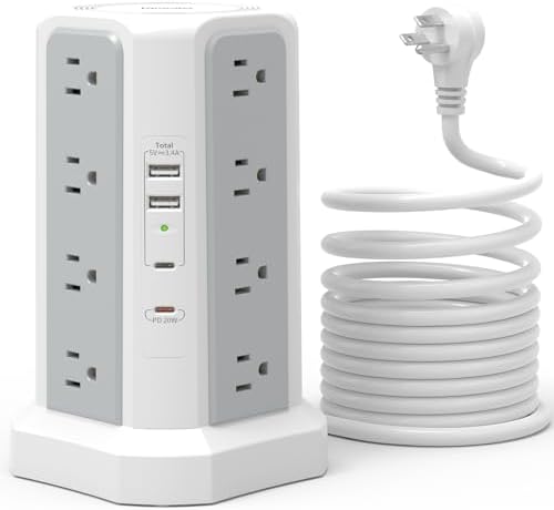 Revolutionize Your Charging Experience: 10 FT Surge Protector Power Strip Tower with 16 Outlets & 4 USB Ports – Efficient Desk Charging Station for Home, Office, or Dorm Room – Ultimate Space-Saving Solution with Robust 1625 W Power Output and Enhanced Safety Features