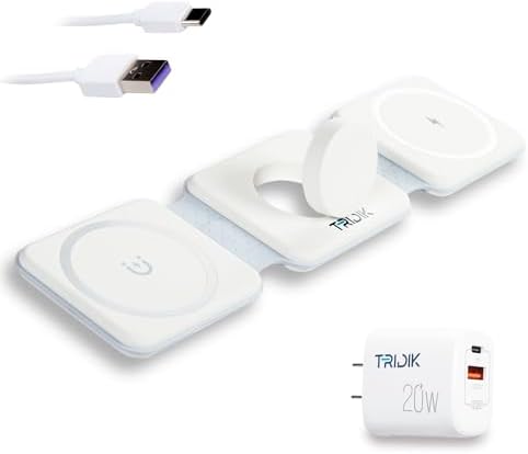 3-in-1 Wireless Charging Station – 15 W Fast Magnetic Charger for i Phone, Apple Watch & Air Pods – Foldable Travel Design with 20 W Adapter – TRIDIK Enhanced Portability & Efficiency – Ultimate Convenience for Modern Tech Users