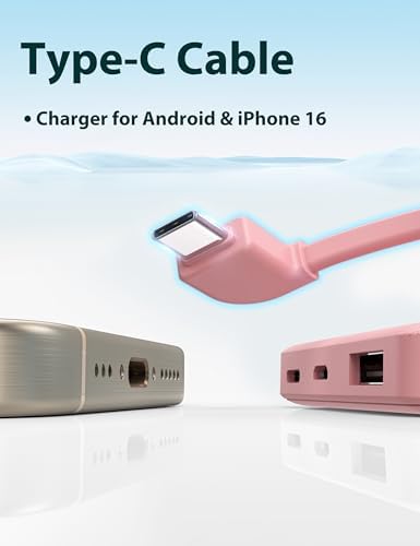 Ultra Slim 6000 m Ah Power Bank with Built-In USB C Cords – Card-Sized Portable Charger for Effortless On-the-Go Charging, Triple Output for i Phone, Samsung, Google Devices – Stylish and Compact Battery Pack for Enhanced Efficiency and Versatility
