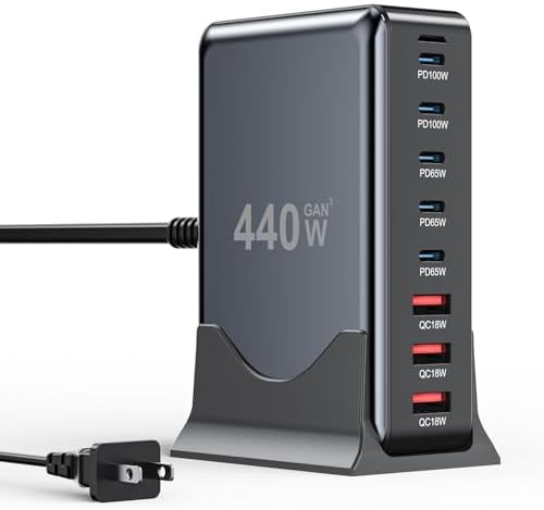 Powerful 440 W Ga N III USB-C Charging Hub with 8 Ports – Fast Multi-Device Charger for Mac Book Pro, i Phone 16/15, Samsung Galaxy & Dell – Versatile Charging Station with 5 ft Extension Cord for Ultimate Convenience and Efficiency