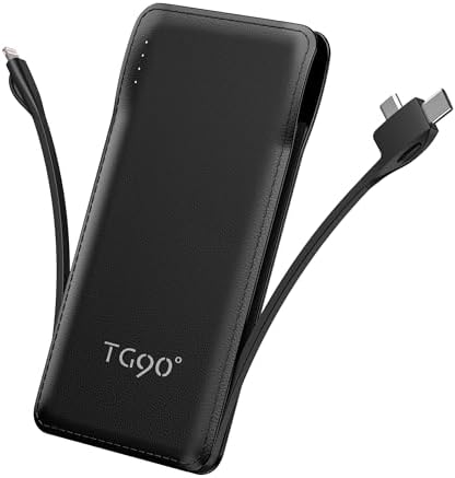 Ultra-Slim 10,000 m Ah TG90° Portable Power Bank with Built-in Lightning and USB-C Cables – Fast Charging, Lightweight Battery Backup for i Phone and Android Devices – Essential On-the-Go Charger for Busy Lifestyles