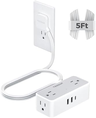 TESSAN 5 FT Flat Plug Extension Cord with 4 AC Outlets, 1 USB-C & 2 USB-A Ports – 900 Joules Surge Protector Power Strip for Home Office & Dorm Room – Maximize Charging Efficiency & Space Savings with Versatile Power Accessory