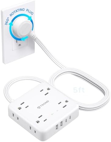 TROND 360° Rotating Plug Power Strip with 5 FT Flat Cord – 4 AC Outlets & 4 USB Ports (2 USB-C) – Wall Mount Surge Protector with 1440 Joules Safety Rating – Ultimate Travel & Home Charging Solution for Electronics and Devices