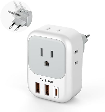 TESSAN European Travel Plug Adapter for Hassle-Free Charging – 4 AC Outlets & 3 USB-C Ports for Multi-Device Power in Over 150 Countries Including France, Germany, Spain, and Italy – Compact and Safe with Overcurrent Protection