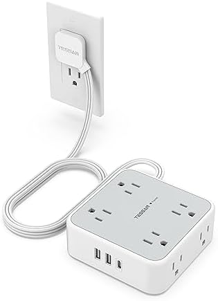 TESSAN Power Strip Tower Surge Protector: 8 AC Outlets & 3 USB Ports (1 USB-C) with 900 Joules Protection, 5 FT Flat Plug Extension Cord – Ultimate Desk Charging Station for Home Office and Dorm Room Efficiency