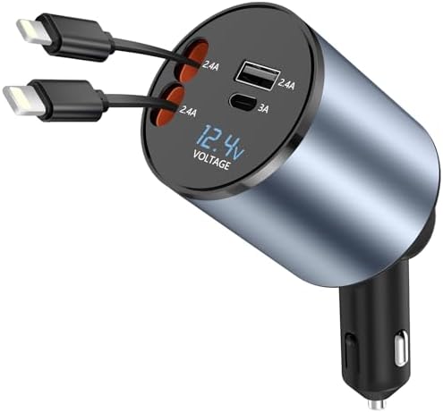 Paiholy 66 W 4-in-1 Retractable Car Charger – Dual USB Fast Charging Station with Dual i Phone Cables for i Phone 14/13/12/11 Pro Max/XS MAX and i Pad – Real-Time Voltage Display, Compact Design for Effortless Travel Convenience