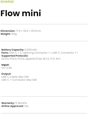 Ultra-Compact 5000 m Ah Flow Mini Power Bank – Versatile Portable Charger with Changeable Plugs, Built-in Cable & Dual USB-C Outputs for Seamless Compatibility with i Phone 16/15/14/13, i Pad, Galaxy S24/23 Ultra – Ideal for On-the-Go Charging