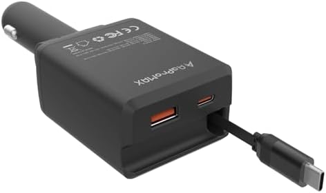 75 W Retractable Car Charger – 3-in-1 Fast Charging Adapter with 30-Inch Type C Cable and Dual USB Ports, Perfect for i Phone 16/15 Series, i Pad, Galaxy, Pixel, and Laptops – Ultimate Compatibility and Space-Saving Design for On-the-Go Power