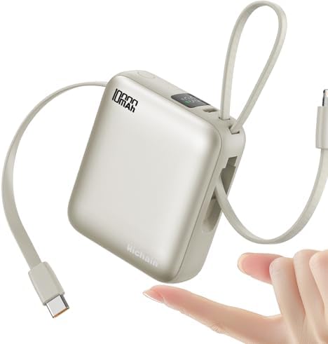 Sleek Gold Portable Power Bank with Built-in Cables and LED Battery Indicator – 10,000 m Ah USB-C Fast Charging Power Pack for i Phone, i Pad, Samsung, and Android Devices – Essential Travel Charger with Intelligent Safety Technology for Ultimate On-the-Go Convenience