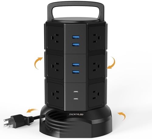 JACKYLED Power Strip Tower Surge Protector with 12 Outlets and 6 USB Ports (2 USB-C) – High-Speed Charging Station with 1050 Joules Protection, 1625 Watts, 6.5 ft Extension Cord for Enhanced Home Office Efficiency and Device Safety