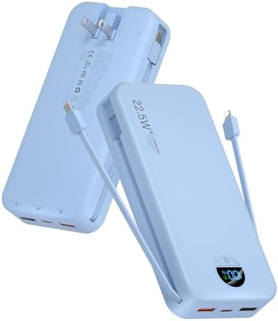 Ultra-Fast Portable Phone Charger with 12000 m Ah Capacity – All-in-One Power Bank with Integrated Cables, Wall Plug, and LED Display for i Phone, i Pad, Samsung – Essential Travel Companion for Uninterrupted Connectivity