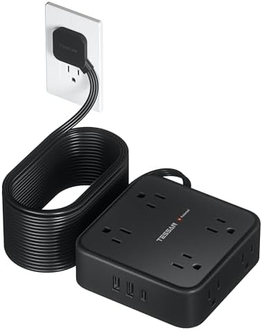 TESSAN Power Strip Tower Surge Protector: 8 AC Outlets & 3 USB Ports (1 USB-C) with 900 Joules Protection, 5 FT Flat Plug Extension Cord – Ultimate Desk Charging Station for Home Office and Dorm Room Efficiency
