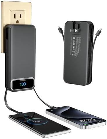 Ultra-Compact 12000 m Ah Power Bank with Built-in Charging Cables & AC Plug – 20 W PD Fast Charging for i Phone, Samsung, Android, USB-C Devices – Travel-Friendly External Battery Pack in Purple – Unmatched Portability and Efficiency for On-the-Go Charging Solutions