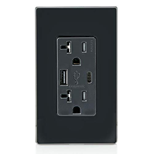 Leviton Dual USB In-Wall Charger with 20 A Tamper-Resistant Outlet – Type A & Type-C Compatibility for Smartphones and Tablets, Light Almond Finish – Streamlined Charging Solution for Home and Office Spaces