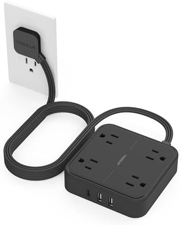 TESSAN 5 Ft Flat Surge Protector Extension Cord with 4 Outlets & 3 USB Ports (1 USB-C) – 900 Joules of Advanced Surge Protection for Home, Office & Dorm Use – Space-Saving Flat Plug Design for Enhanced Accessibility and Fast Charging