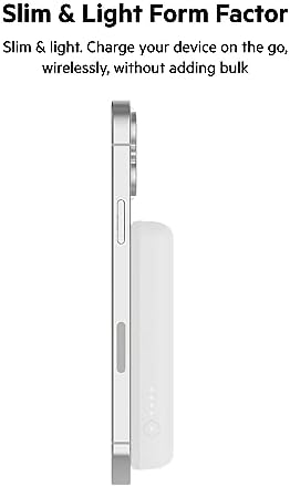 Belkin Wireless Power Bank 5000 m Ah with Mag Safe Compatibility – Portable Charger for i Phone 16 Series, i Phone 15, and Air Pods – 7.5 W Fast Charging with Built-in Kickstand for Hands-Free Use – Lightweight White Design for On-the-Go Charging Solutions