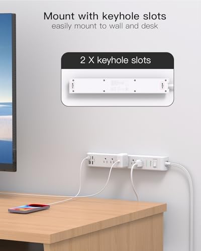 Dual Pack 12 FT Power Strip with 6 AC Outlets & 4 USB Ports, Including 2 USB-C – Versatile Surge Protector for Home, Office, and Dorm Use – Space-Saving Flat Plug Design, Wall Mountable for Ultimate Convenience and Safety