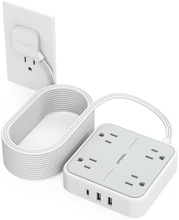 TESSAN 5 FT Flat Extension Cord Surge Protector – 4 Outlet Power Strip with 3 USB C Ports (1 USB C) for Fast Charging, 900 Joules Electronics Protection, Space-Saving Design for Home, Office, and Dorm Use, Enhanced Compatibility and Efficiency