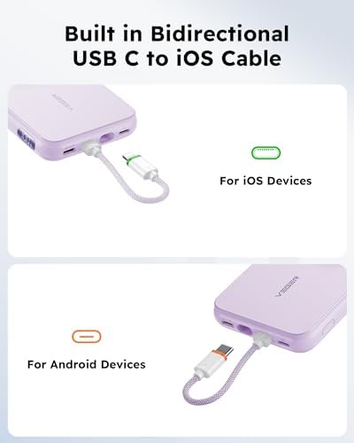 VEGER 10,000 m Ah Portable Charger with Removable Cable – PD 20 W Fast Charging Power Bank for i Phone 15/14/13 Pro Max, Samsung, and Apple Watch – Ultra-Lightweight Travel Accessory in Stylish Purple – Unmatched Compatibility and Speed for On-the-Go Charging