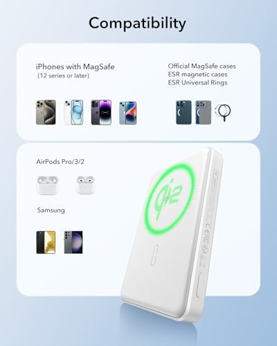Ultra-Compact ESR Mag Safe Power Bank – 5,000 m Ah Fast Charging Battery Pack with Qi2 Certification – Slim 0.55 in Design for i Phone 16/15/14/13/12 – 15 W Wireless & 20 W USB-C Charger with Cable – Essential Travel Accessory for On-the-Go Power