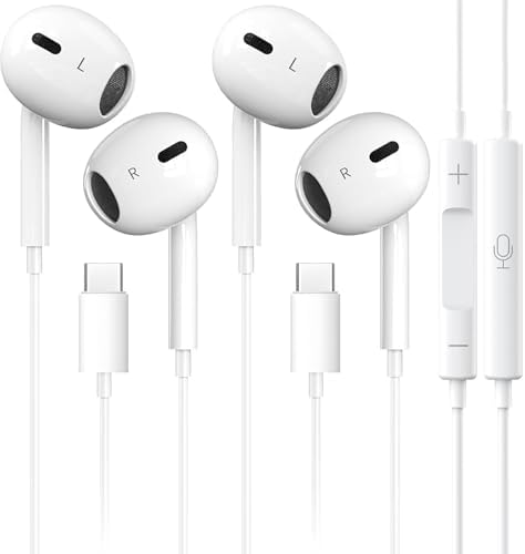 Elevate Your Audio Experience with Dual Pack Hi-Fi USB C Earbuds – Lightweight Stereo Headphones with Integrated Microphone & Volume Control for i Phone 16/15, Galaxy S23/S22/S21/S20/Ultra, and Google Pixel Devices – Ergonomic Comfort and Superior Sound Quality for Everyday Listening