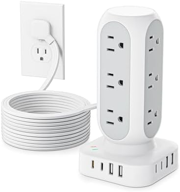 Revolutionize Your Charging Setup with the Flat Plug Power Strip Tower – 10 FT Extension Cord, 40 W Fast Charging Station Featuring 12 AC Outlets and 8 USB Ports (4 USB-C) for Ultimate Device Connectivity and Safety in Home, Office, or Dorm Room