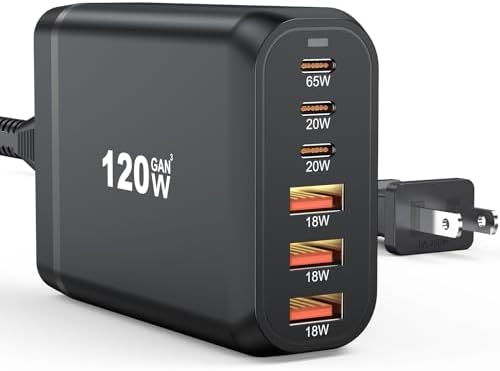High-Power USB C Charging Station 120 W – 6-Port Ga N III Multi-Device Charger Hub with 65 W Fast Charging for i Phone 16/15, i Pad, Android & More – Smart Tech for Optimal Performance and Safety