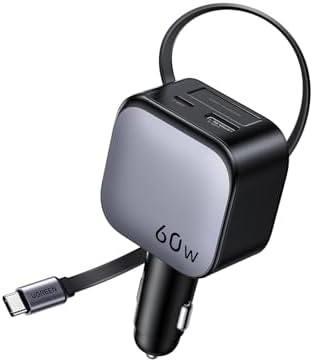 UGREEN 60 W 3-Port Retractable Car Charger with Dual USB-C & USB-A Ports – Rapid Charging Solution for i Phone 16/15, Galaxy S25/S24, i Pad & GPS – Compact Cigarette Lighter Adapter for Enhanced Versatility and Efficiency on the Road